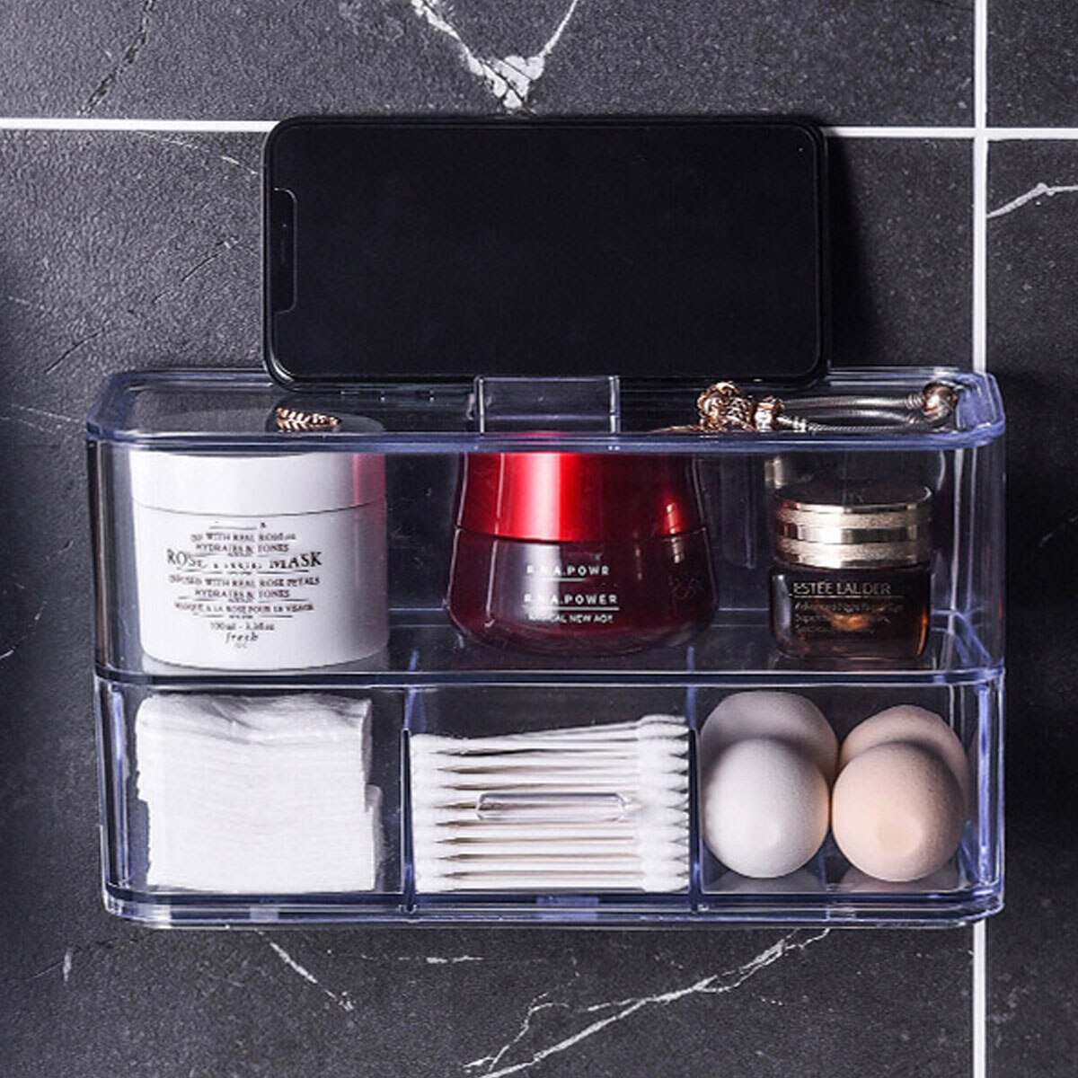 Cosmetic Organizer Storage Box Wall Mounted Clear Makeup Drawers Holder Case 2 Layers Multifunction Makeup Jewelry Storage Box