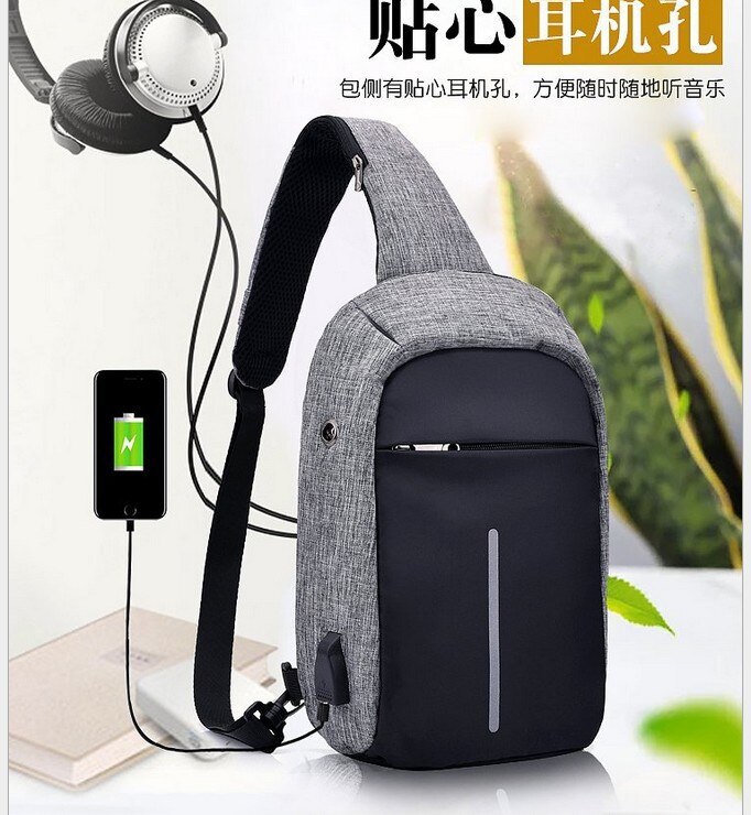 Anti-theft Waterproof Invisible Zipper Women Chest Bag Official Document Business Multifunction USB Port Oblique Satchel Bag: Grey