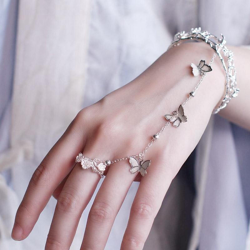 Chinese Butterfly Bells Ring Bracelet All-in-one Flower Bangle Charm Jewelry Silver Plated Bracelet Women Jewelry Accessories: Style 1