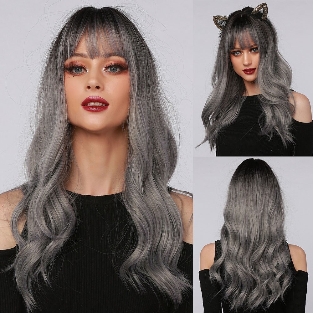 CharmSource-pelucas postizas onduladas con flequillo sintéticas para mujer, color gris, Plata largos, pelo Natural, resistente al calor: lc6057