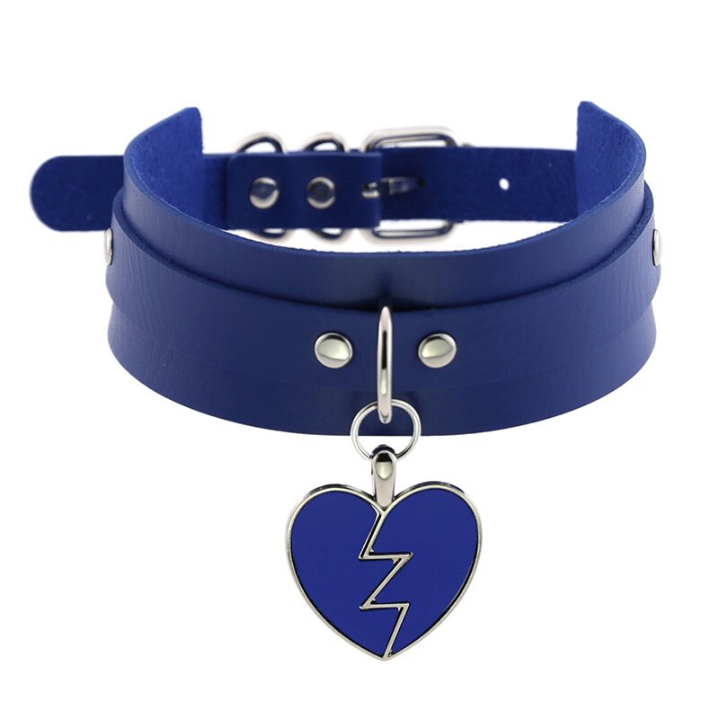 Weibliche Breite Leder Halsband Verstellbare Halsketten Punk Nacht Club Party Jewely Blitz Liebe Herz Anhänger Kragen Halsketten: Royal Blue