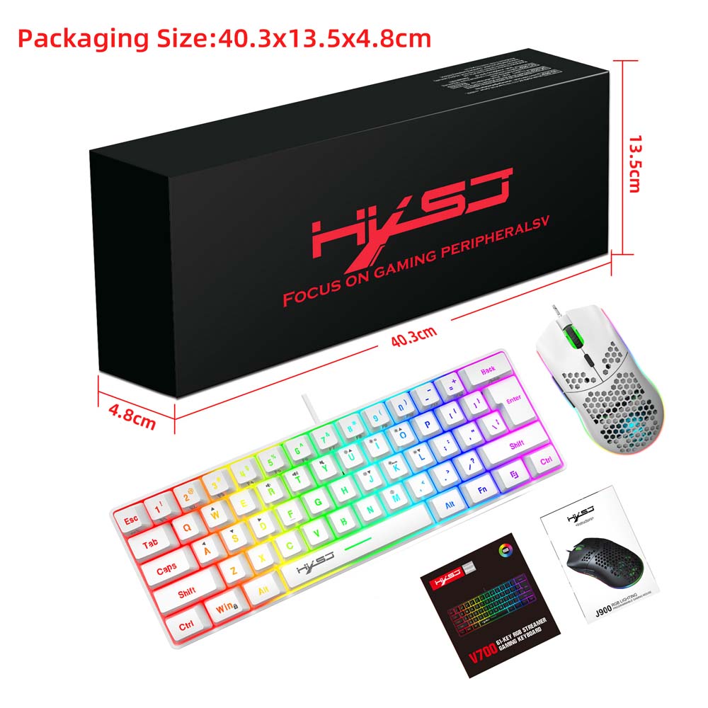 RGB-Tastatur, Gamer-Maus-Set, Kombination, 61 Tasten, kabelgebunden, buntes Licht, 6400 DPI, 6 Tasten, hohle kühlende Gaming-Maus: WEISS