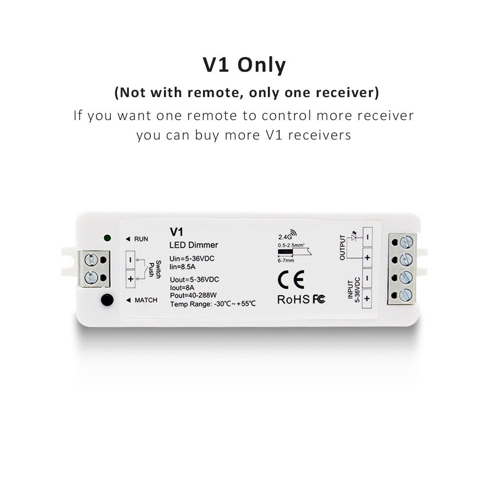 LED Dimmer Switch 12V 24V PWM 2.4G LED Touch RF Wireless Remote 5V 36V Smart Wifi Dimmer Controller for Single Color LED Strip: V1 Only (Receiver)