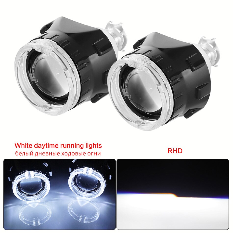 Aileo 2x 2.5 tommer led angel eyes bi-xenon projektor linse kørelys drl  h4 h7 h11 bil retrofit styling brug  h1 lys universal: Sort hvid rhd