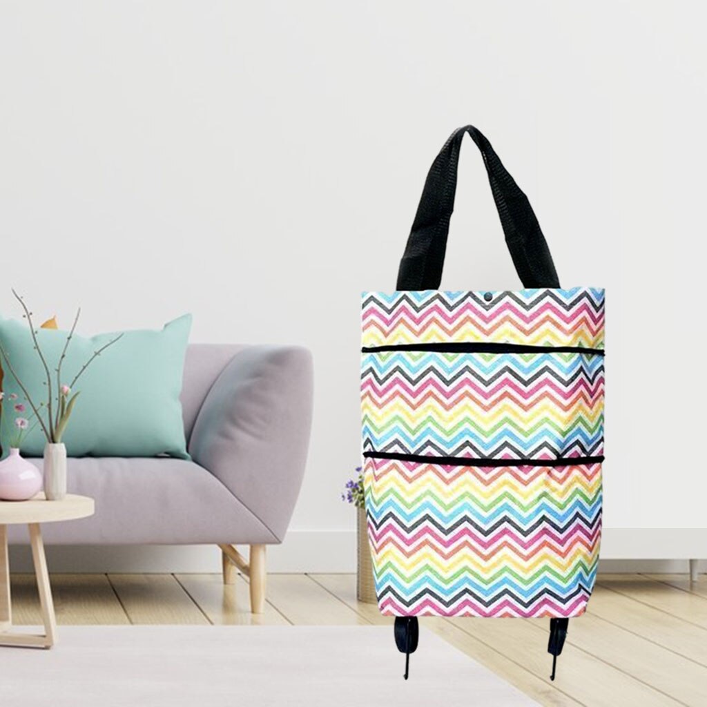 Light Weight Shopping Cart Storage with Wheels Printed Tidy Food Organizer Vegetables Bag Grocery Carts: Wave