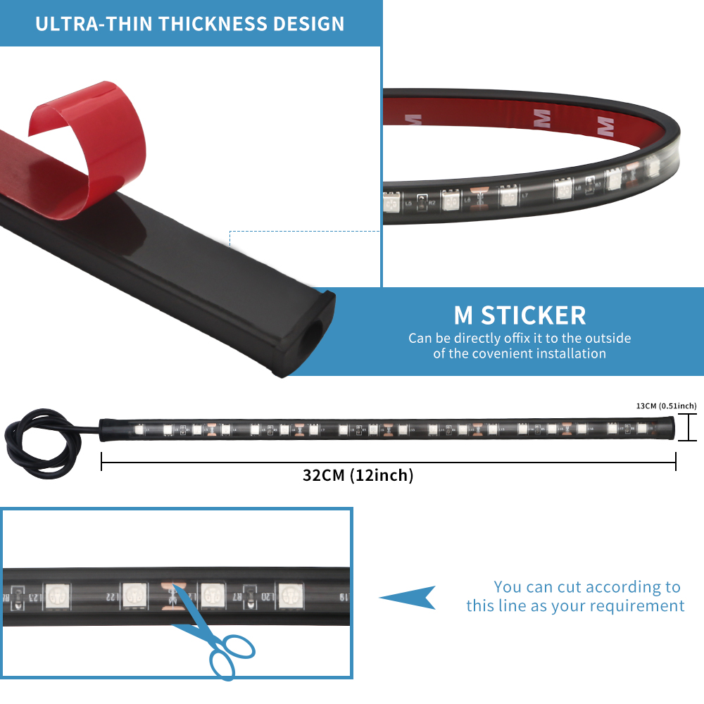 2 STKS 32 CM 5050 18 SMD LED Strip Licht 12 V voor Motorfietsen Auto's Boten Versieren Waarschuwing Flexibele Lamp Blauw Groen Rood Wit Amber
