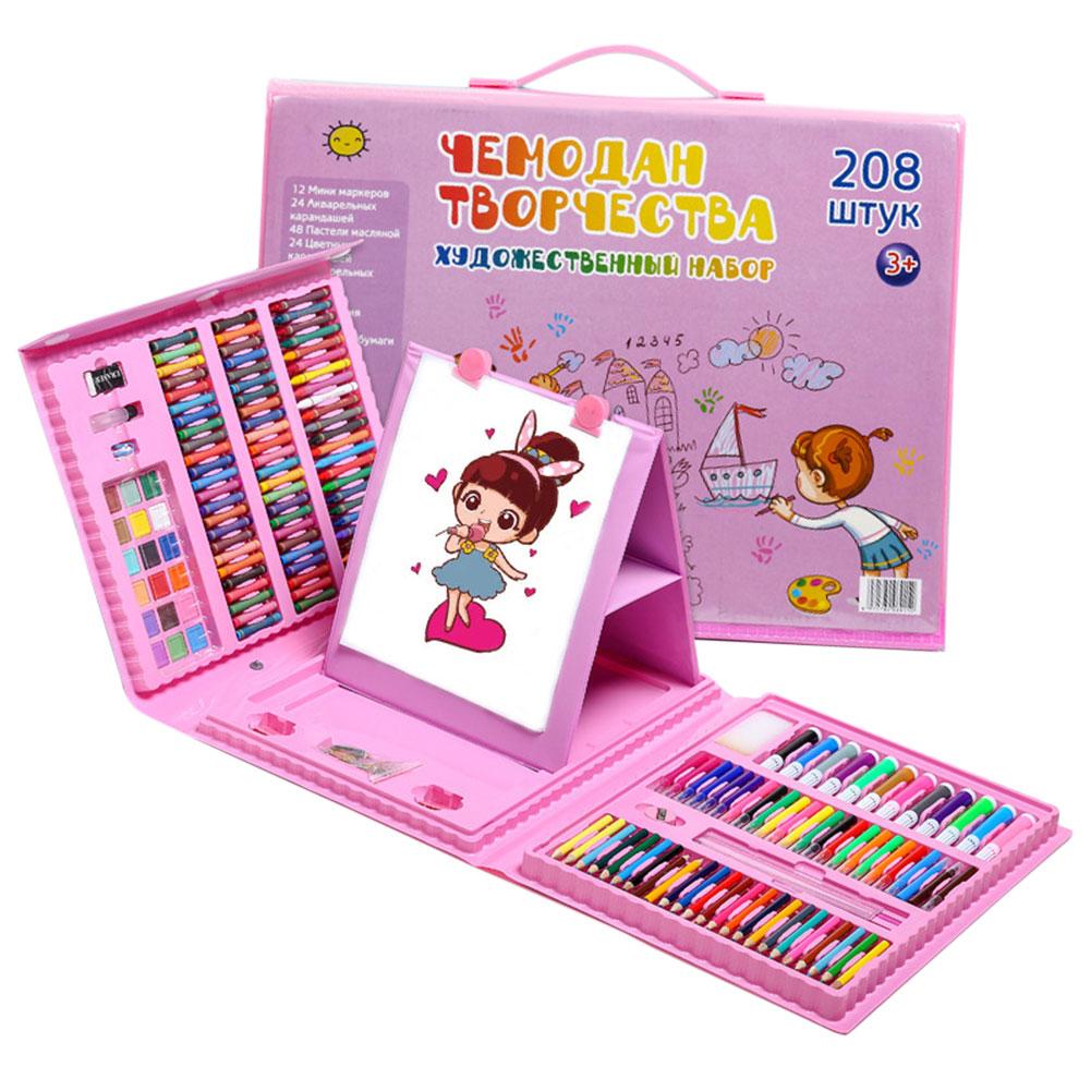 Juego de lápices de colores para niños de 208 Uds., juego de lápices de cera para pintar, rotuladores, pinceles, herramientas de dibujo, Set de suministros para guardería: Pink