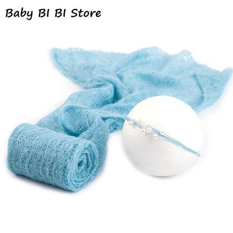 2 stk / sæt baby fotografering rekvisitter tæppe indpakning stræk strik wrap foto nyfødt klud tilbehør hovedbeklædning: Blå