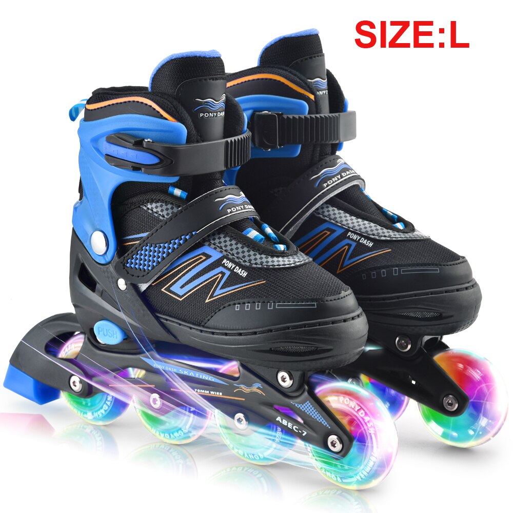Inline Skates Adjustable with Illuminating Wheels Outdoor Roller Skates Children Tracer Adjustable Inline Skate: Blue L