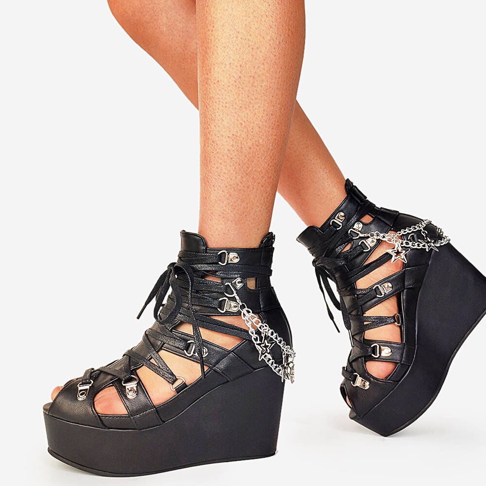 Sandalias con plataforma gótica Punk para mujer, zapatos con punta abierta y cremallera, con cadena de Metal, cuñas altas, pentagrama, para verano