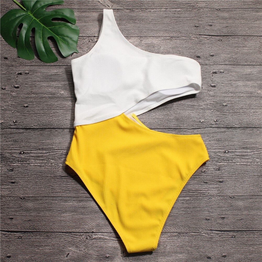 Sexy White Yellow High Waist Cut Out Trikini Ribbed Bathing Suit Monokini Asymmetric Shoulder Swimwear Women One Piece Swimsuit