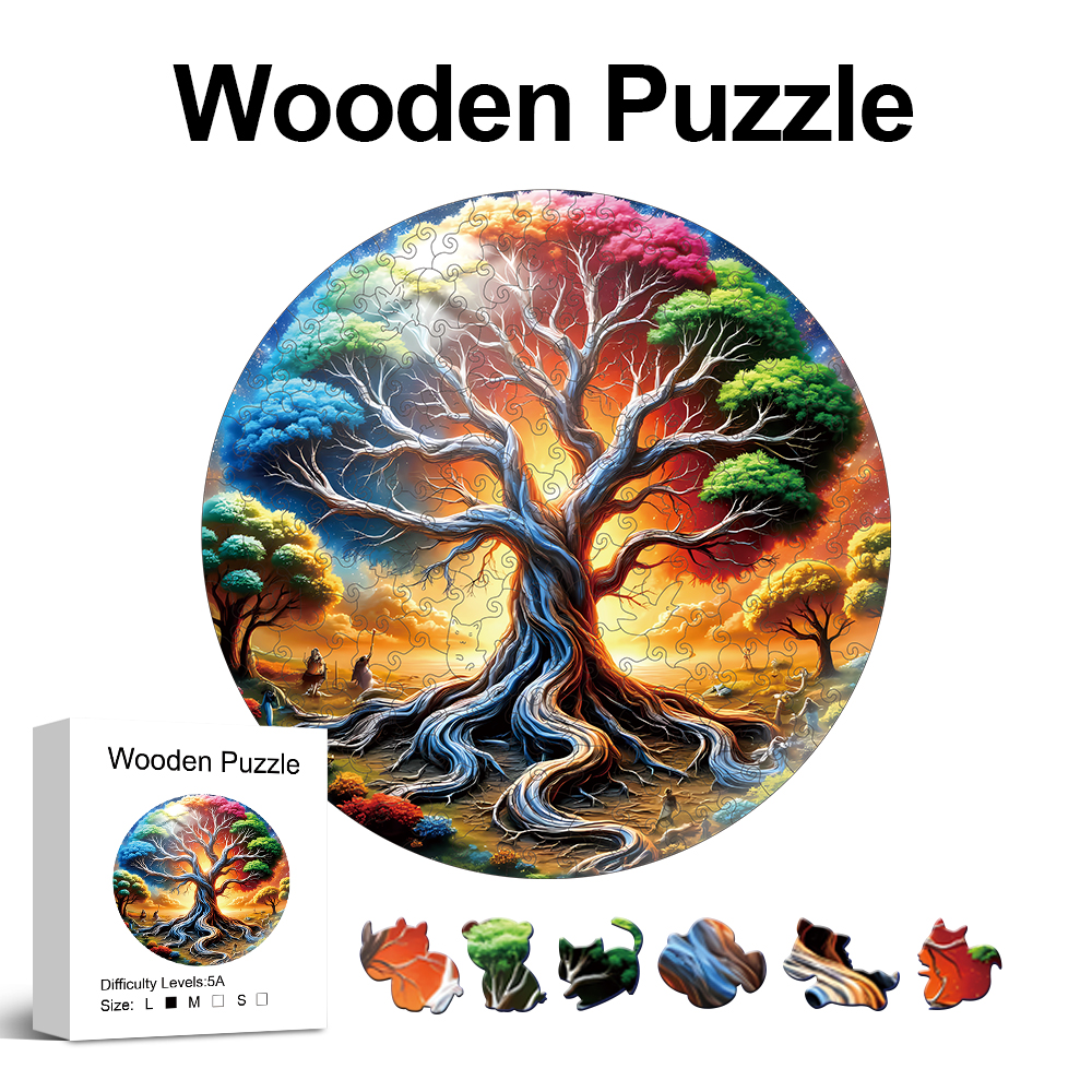 Colourful Tree Wooden Puzzle for Adults, Unique Shaped Pieces, Exquisite Box, Brain Exercise, Room Decor,