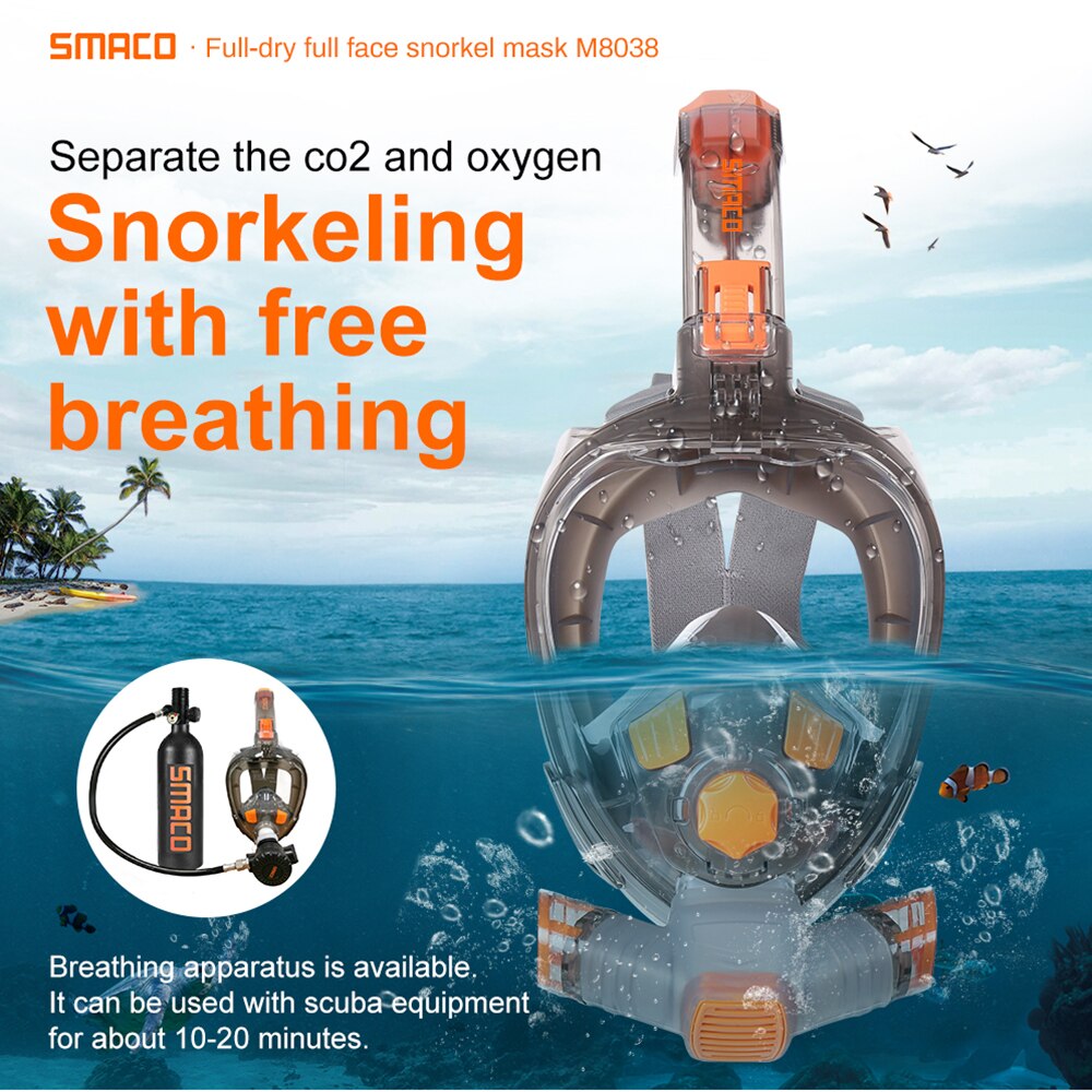 Smaco Volledige Gezicht Snorkel Masker 180 Graden Hd View Droge Top Set Anti-Fog Onderwater Wide View Snorkel Zwemmen masker