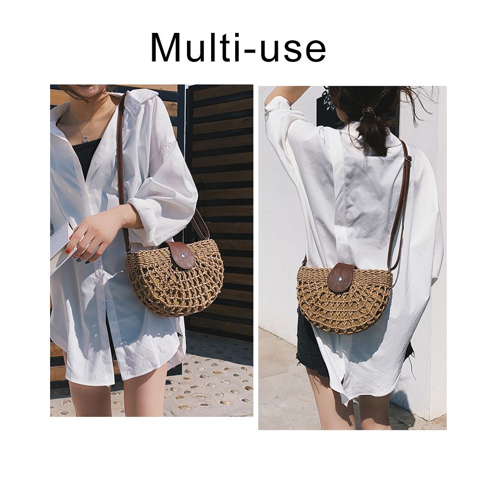 Straw Bag Women Hand-Woven Hollow Handbag Moon Shape Rattan Bag Big Capacity Drawstring Handbag Casual Travel Beach Bag