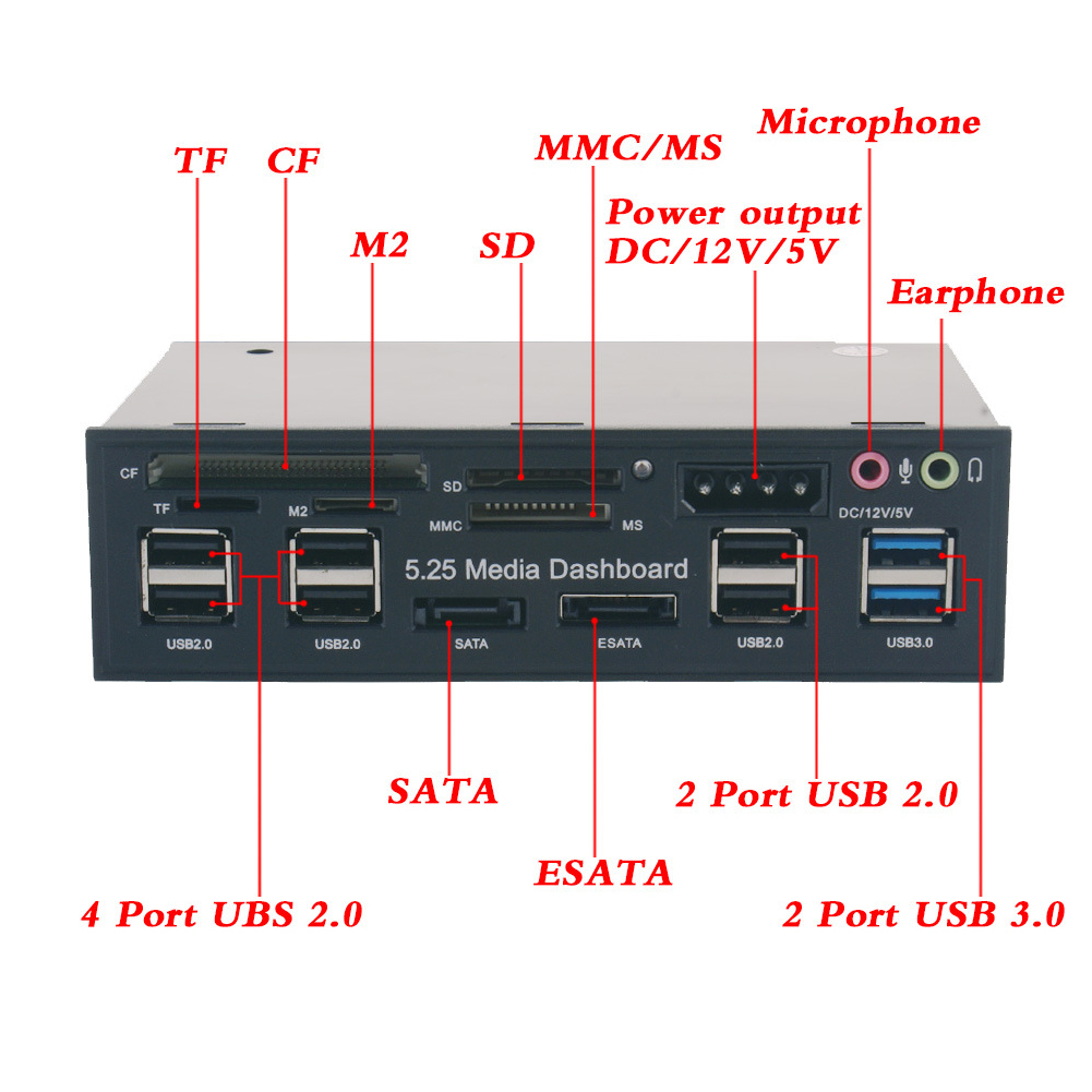 5.25inch Card Reader Multifuntion Media Dashboard ESATA All In 1 PC Optical Drive USB 3.0 Hub Internal Front Panel Computer