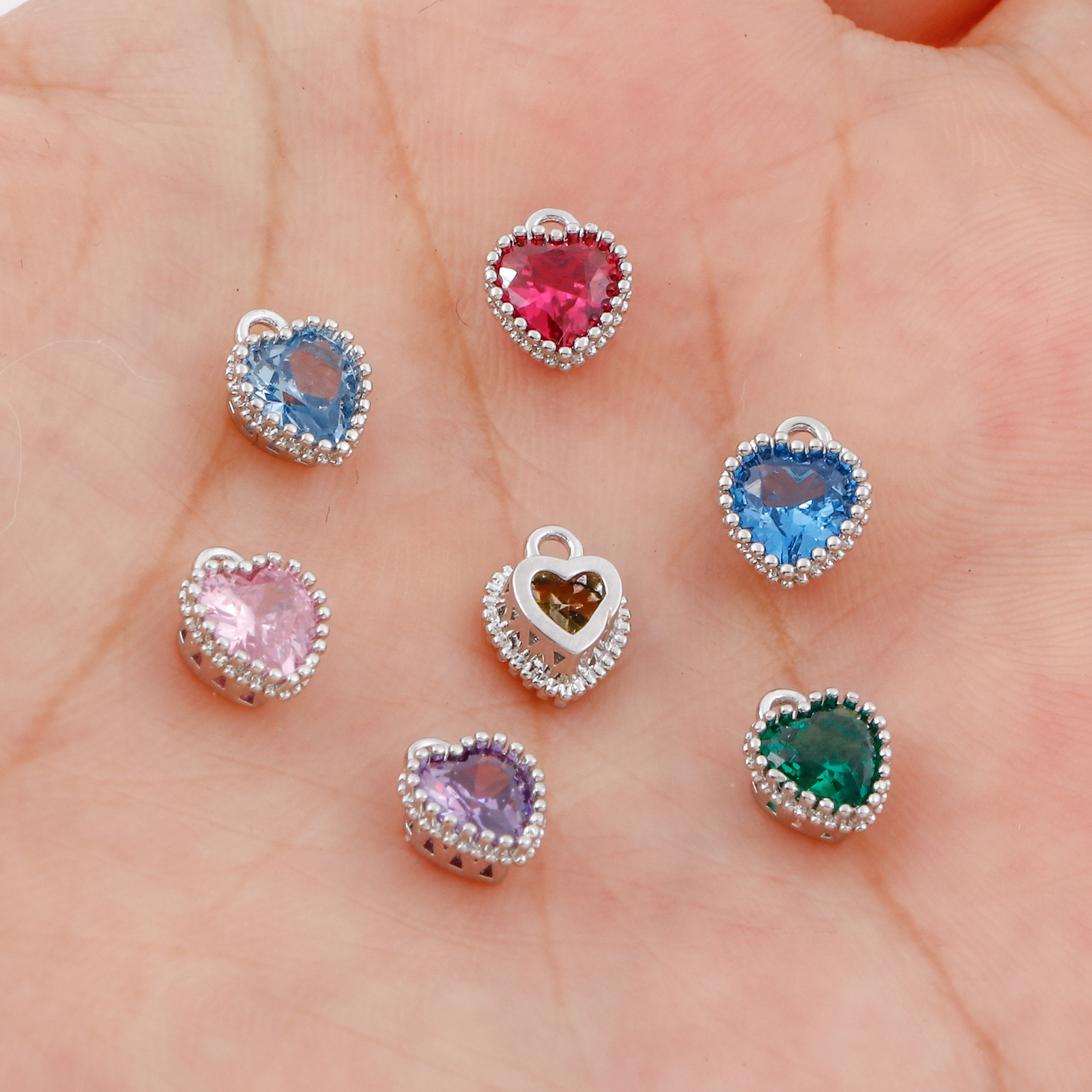Abalorios de piedra de nacimiento de 2 piezas, 12 colores, corazón, Color plateado, colgantes para collar, pulsera, fabricación de joyas, cuentas de diamantes de imitación Diy, 8x6,5mm