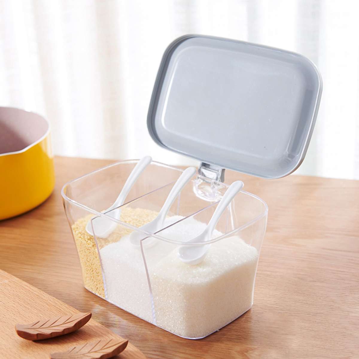 3 siatki kuchenne, organizery, pudełka robić przechowywania z 3 łyżeczkami, słoik na przyprawy, przezroczysta butelka na cukier i sól, akcesoria kuchenne