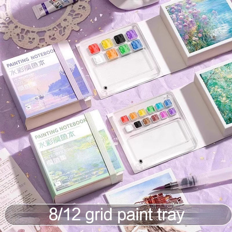 Juego de acuarelas de viaje portátil, cuaderno de bocetos con bandeja de pintura, Mini caja de pintura de 50 hojas, paleta de pintura de acuarela para artista, suministros de arte