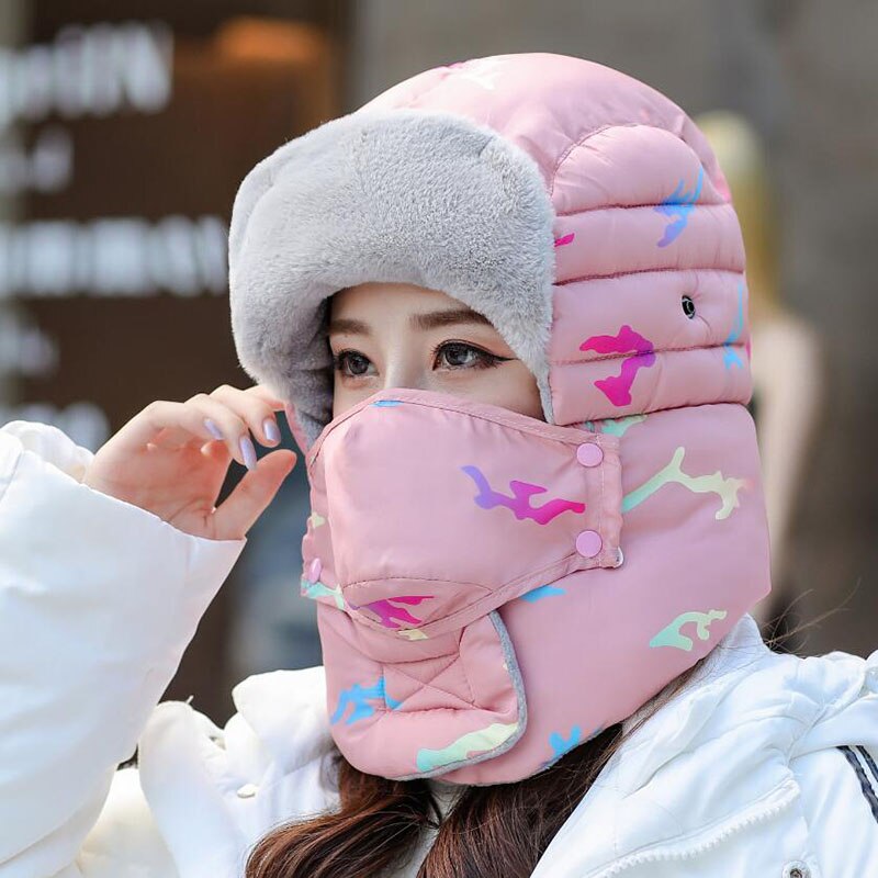 Vrouwen bomber hoed piloten trooper pet heren imitatie kasjmier hoed russische oesjanka oorkleppen petten winter sneeuw ski mutsen: Roze / Veiligheidsbril