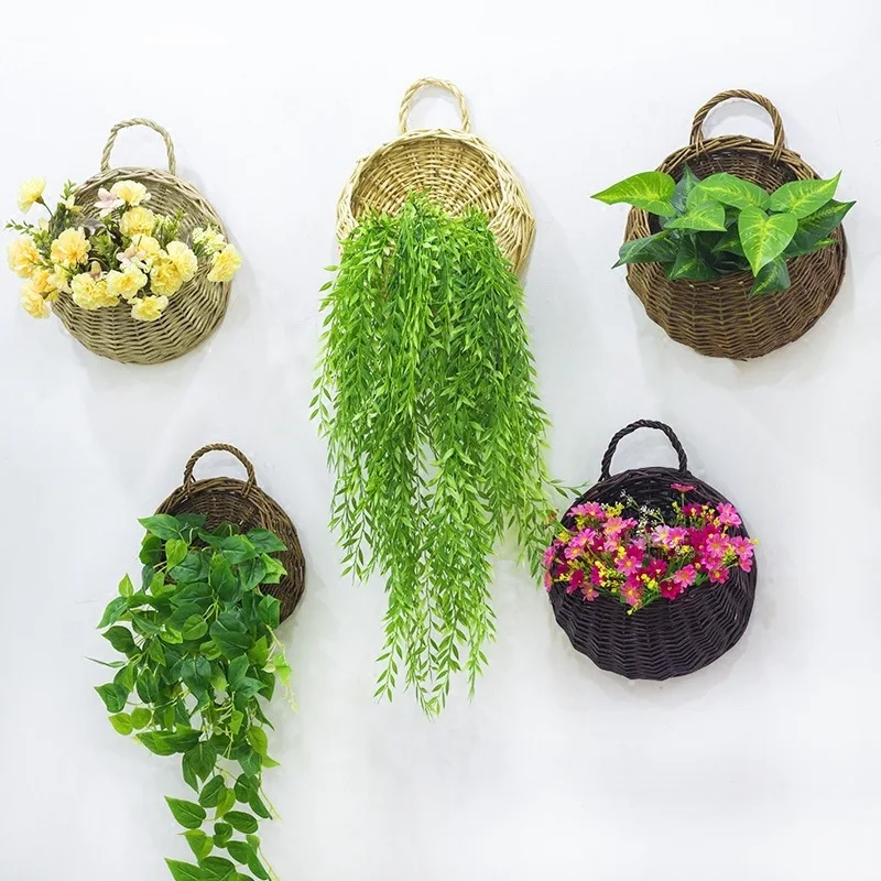 Handgemaakte rieten bloempot wandmontage rotan mand hangende plantenbak mand huis tuin decor geweven rotan vaas manden