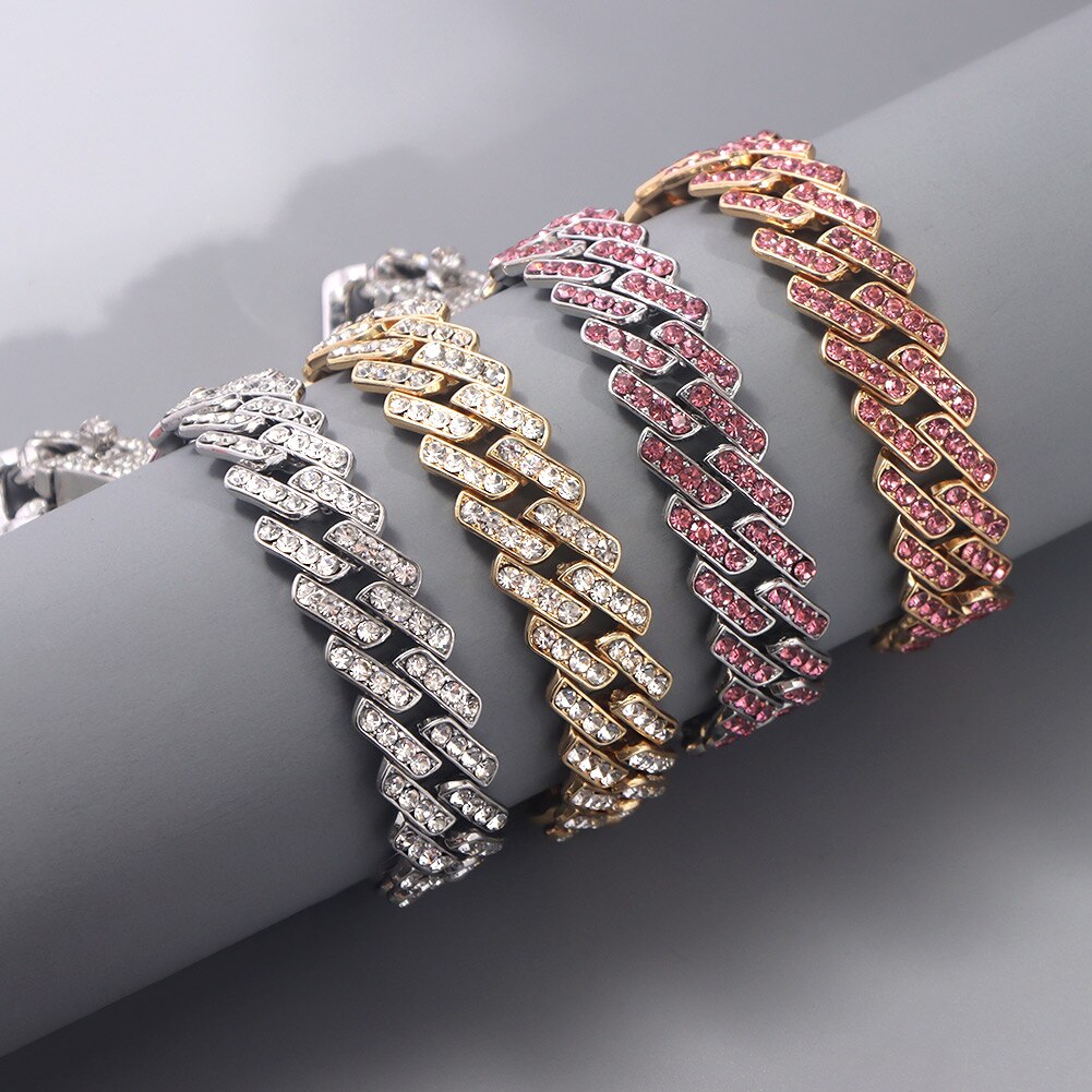 15mm Bling Strass Hip Hop Cuban Link Kette Armbänder für Frauen Männer Iced Out Volle Kristall Rapper Hand Kette luxus Schmuck
