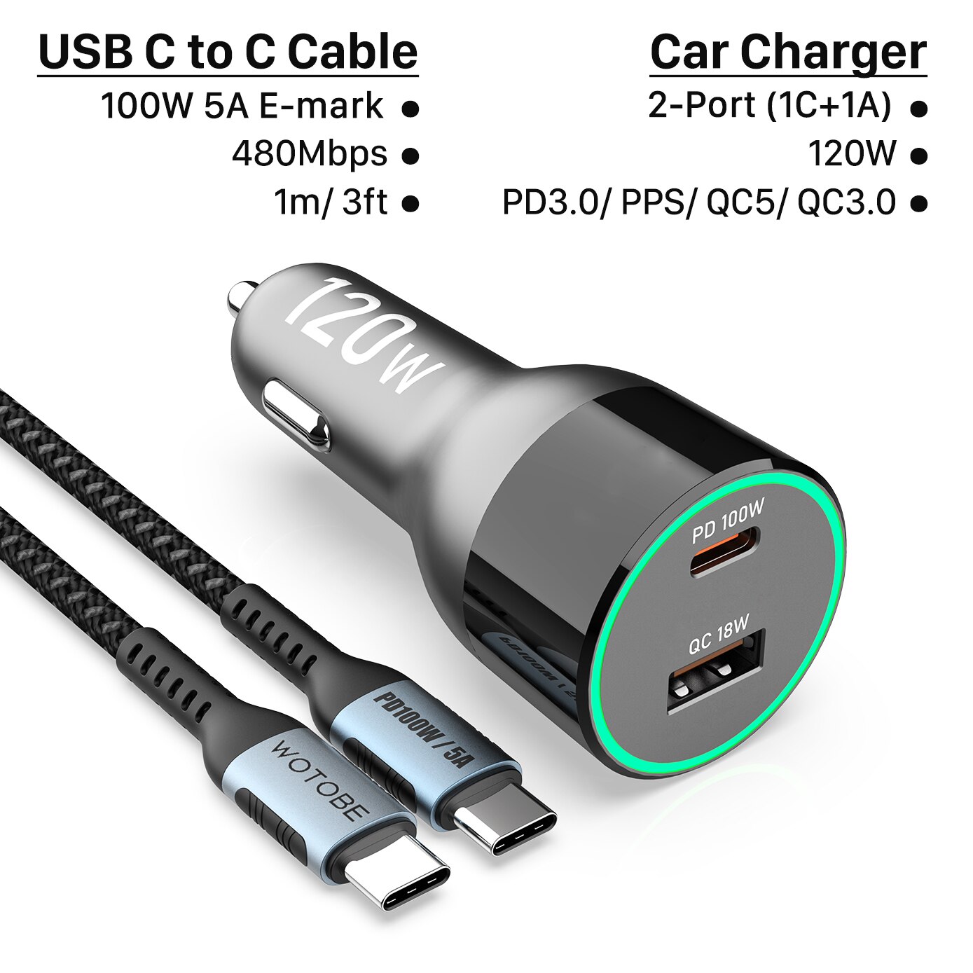 3-Port Usb C Auto-oplader 120W, QC5 Pd 100W Pps 45W 30W QC3.0 18W Voor Xiaomi Lenovo Type-C Laptop Macbook iphone 13 Samsung S20: 2-Port and Cable