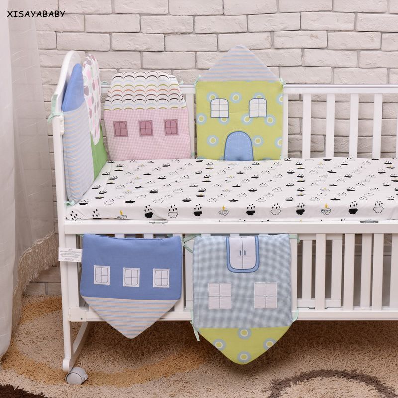 6 pz/impostato cotone lettino paraurti cina ricamo decalcomanie del fumetto forma piccola casa bambino cirb imbottiture e paraurti telecamera da letto del bambino