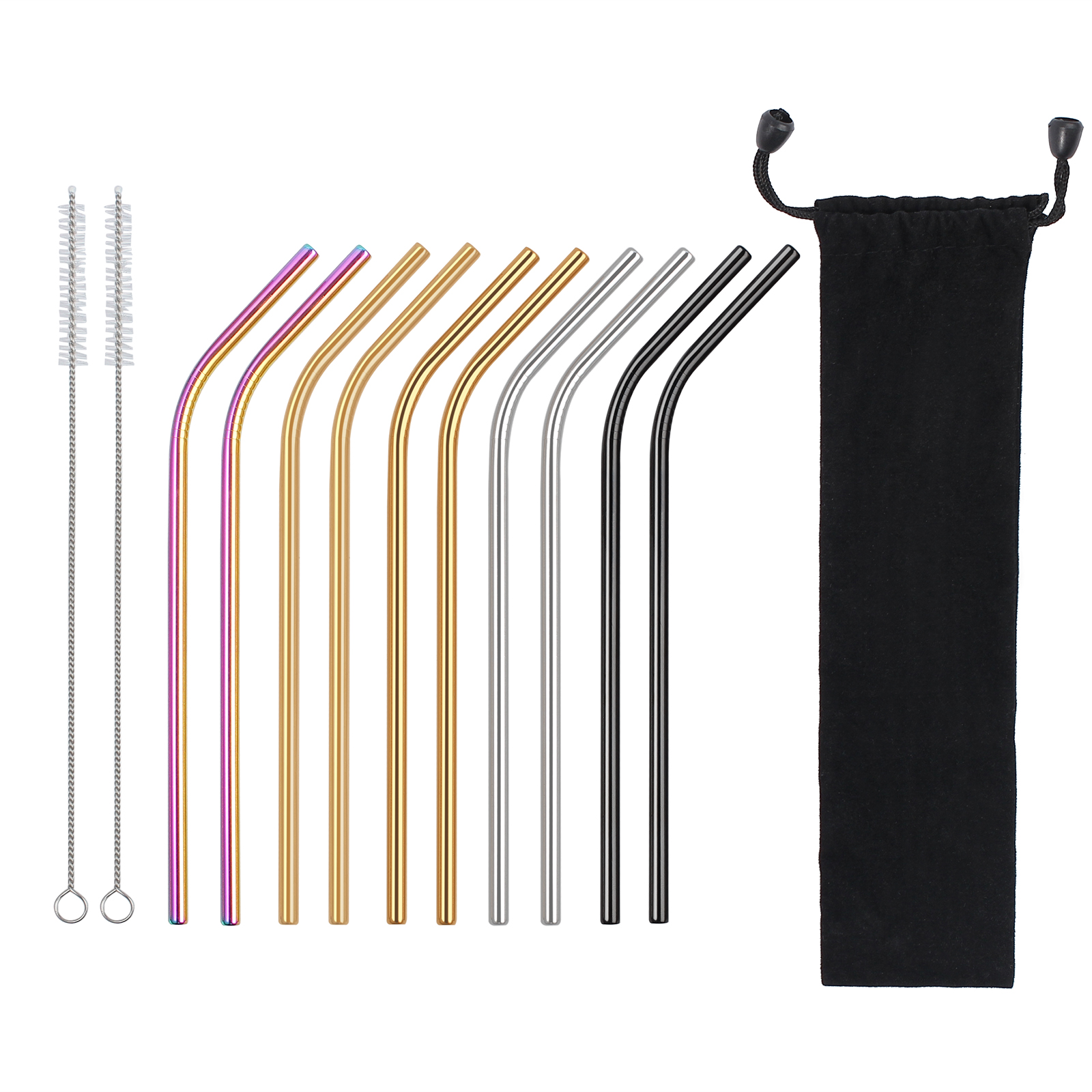 Neoteck-pajitas de Metal de acero inoxidable para bebidas, reutilizables y limpiadoras, surtido de pajitas dobladas con cepillos para fiestas, 10 Uds.