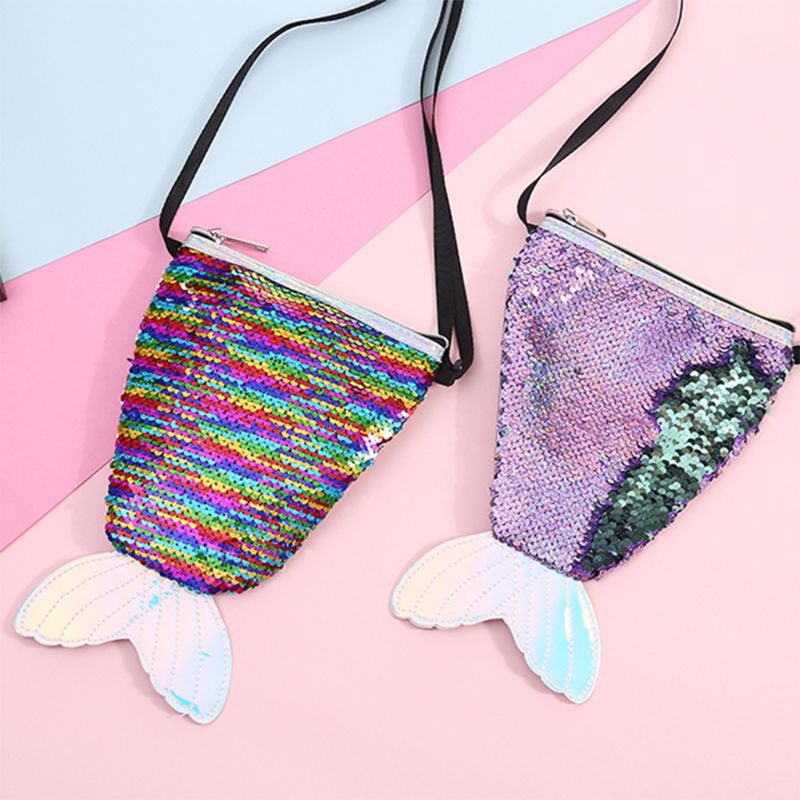 Sequins Hologram Fish Tail Coin Purse Mini Travel Crossbody Shoulder Bag for Women Girls