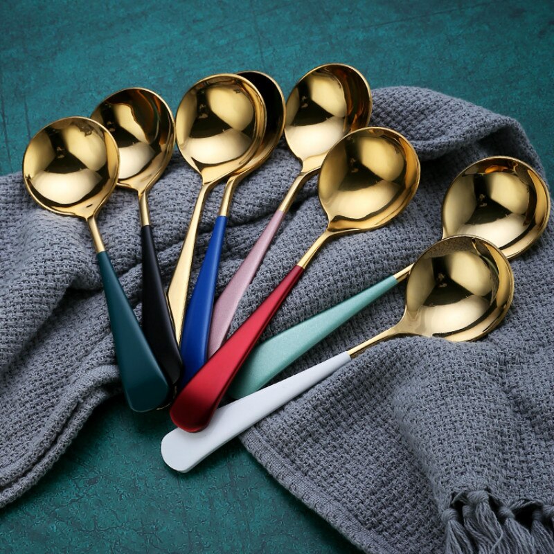 Coffee Spoons Stainless Steel Dessert Spoons Kitchen Utensils Round Spoons 7Colors 1pcs Serving Spoon