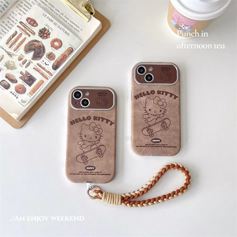 Coque de téléphone en daim avec poignet, coque de dessin animé mignon, coque marron, Hello Kitty, Jokawaii, iPhone 15, 14 Plus, 13, 12, 11 Pro Max, luxe