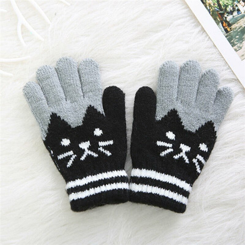 PUDCOCO Cute Kids Gloves & Mittens Knitted Winter Warm Full Finger Gloves For Girls Boys: Black