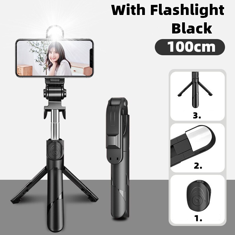 Kabelloser selfie-stick, bluetooth-kompatibel, faltbares mini-stativ für smartphones mit aufhelllicht, auslöser und fernbedienung für ios und android: Schwarzer blitz 100cm