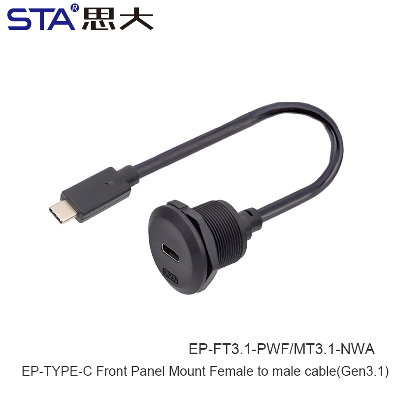 EP-TYPE-C Panel Female Socket 30cm Length with Front Installation Male Straight Plug with Thread USB3.0 Circular Connector USB-A: Lavender