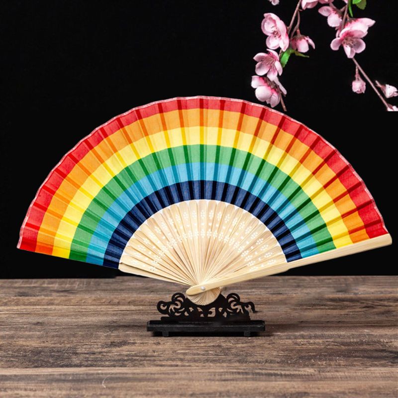Zomer Regenboog Kleur Zijden Doek Handheld Folding Fan Voor Wedding Party Decoratie Festival Dansvoorstelling Levert