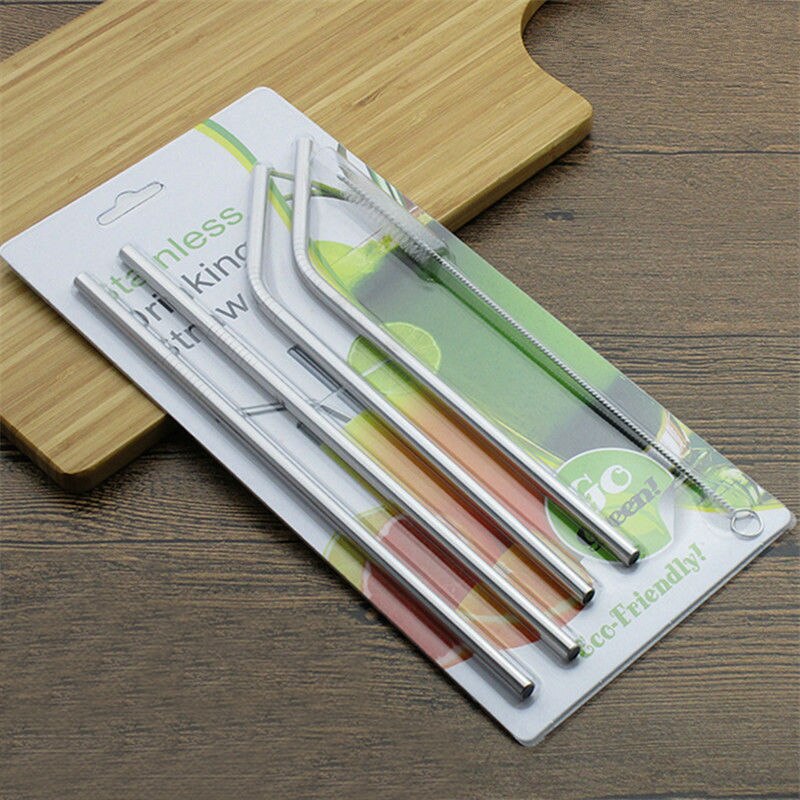 Pajita de acero inoxidable con cepillo de limpieza, Pajita recta curva para beber, accesorios para cocina, Bar y , 4 piezas