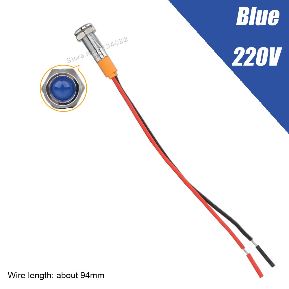 6mm Metal Indicator light LED Signal Lamp Warning light with Wire 6V 12V 24V 220V 110V Red yellow green blue white Waterproof: 24v Blue