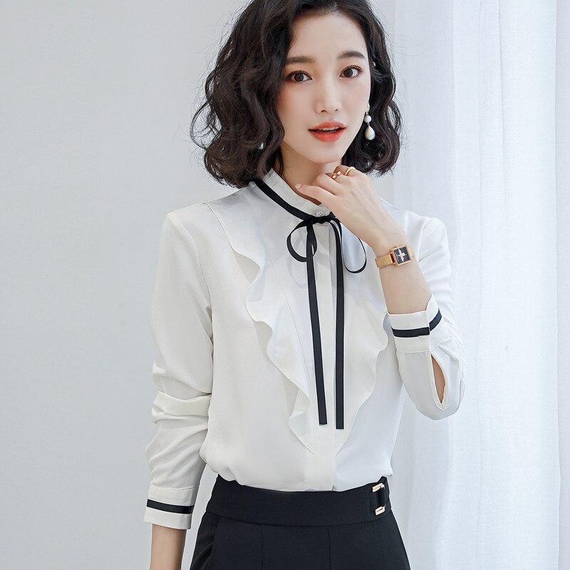 Light Blue Shirt Women Autumn Retro Long Sleeve Stand Collar Ruffles Chiffon Blouses Office Ladies Work Tops