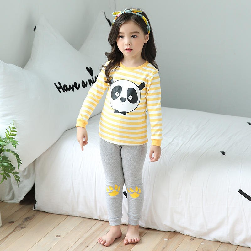 Børn vinterribbet manchetter panda print pyjamasdragter runde hals toppe og lange bukser sleepsuits til foråret varme søvn