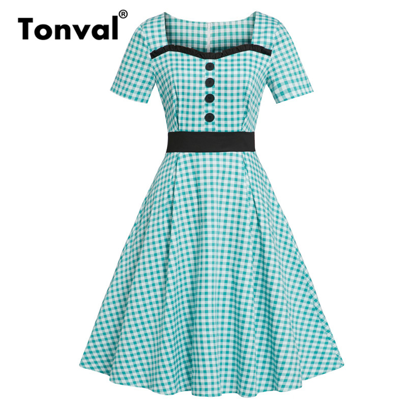 Tonval turquesa Gingham volante escote corazón Vintage vestido mujeres botones manga corta Rockabilly Plaid Midi vestidos: XL