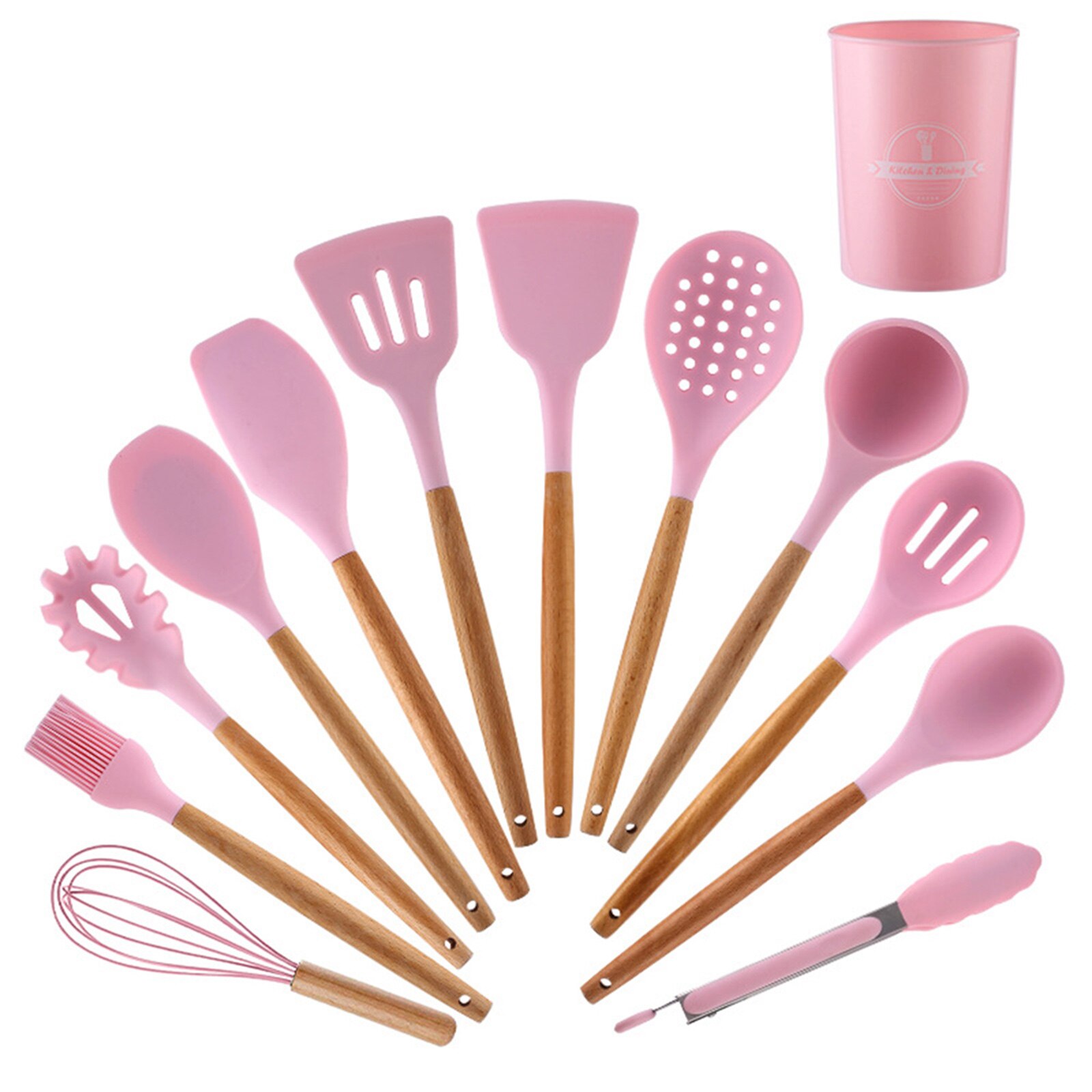 Kitchen Cooking Tool Set, Food Grade Silicone Wooden Handle with Hanging Hole Nonstick Pan Fully Functional Kitchenware