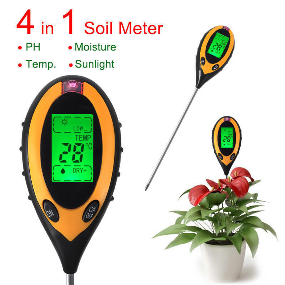 4 in 1 Soil Water Moisture PH Meter Temperature Humidity Sunlight Light PH Test Garden Plants Flowers Moist Tester Thermometer