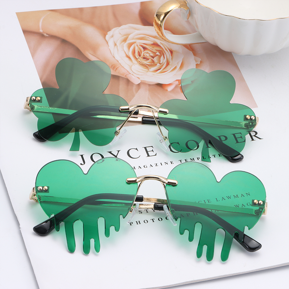Gafas de sol de trébol irlandés para el Día de San Patricio, lentes verdes de trébol de cuatro hojas, disfraz de Leprechaun, gafas de sol sin montura a la