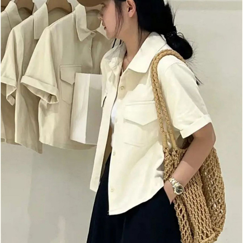 Koreanske kortærmede lyserøde skjorter til kvinder sommer løs knappet cropped frakke dame vintage enkel all-match bluse dame