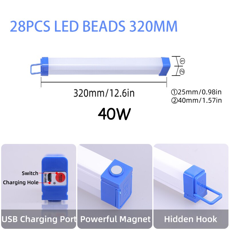 Outdoor Camping Led Light Charging Night Market Stall Lamp Wiring Free Rechargeable Wall Lamp 20/40/60W Portable Tube For Home: Camping Light 40w