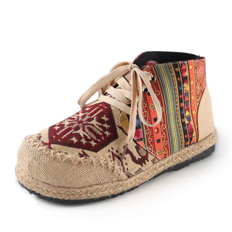 Vrouwen Schoenen Boho Katoen Linnen Canvas Enkele Nationale Geweven Ronde Neus Lace Up Doek Schoenen Vrouw Flats Maat 35-40: Rood / 42