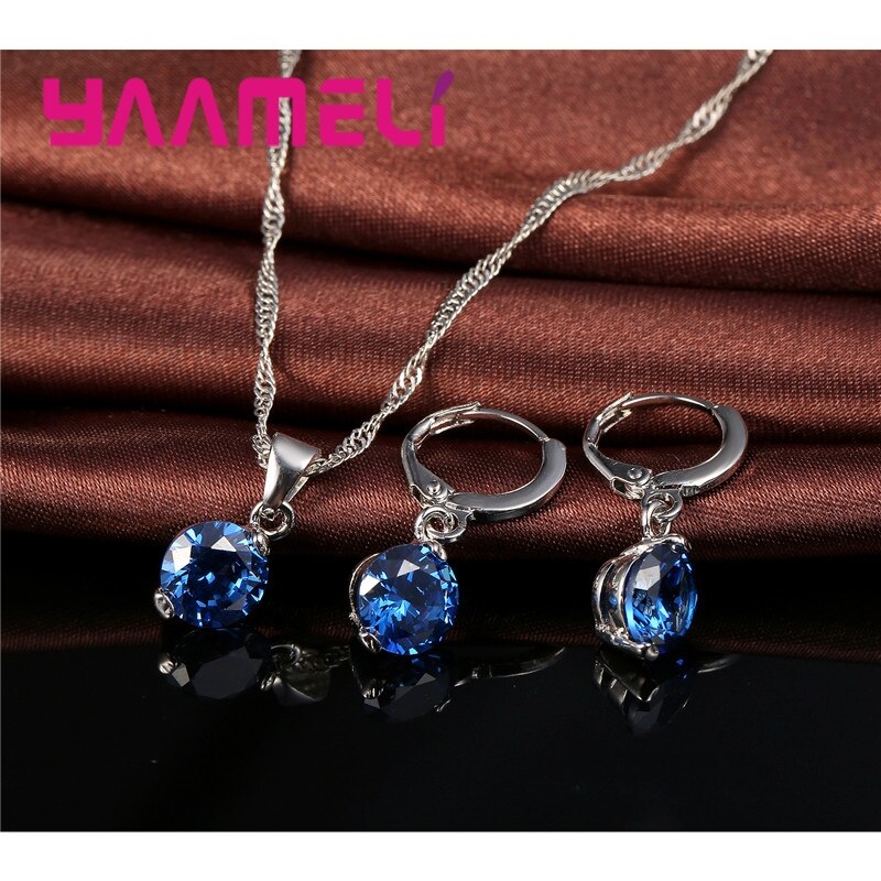 Conjunto de joyas para mujer, Plata de Ley 925 auténtica, cristales redondos, CZ, colgante, collar, pendientes, novedad