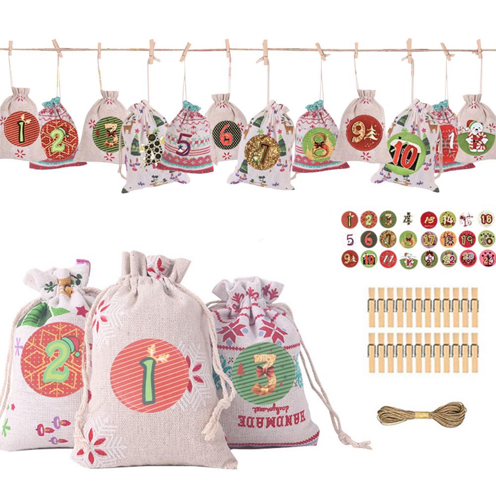 Christmas Pattern Candy Bag 1-24 Advent Bundle Calendar Countdown Jute Bag Candy Storage Pouch DIY Christmas Advent Calendar Bag: E