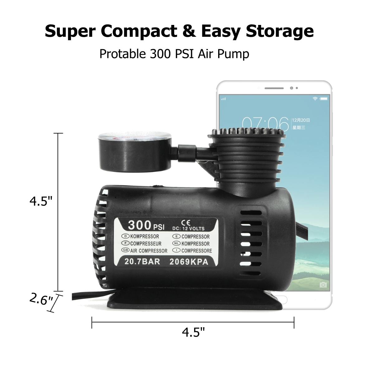 1PC Portable Electric Inflator Black 12V 300 PSI Mini Electric Air Compressor Kit Mini Car Tire Inflator For Ball Bicycle