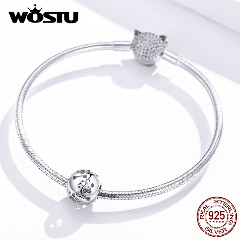 Wastu cuentas de plata de ley 925 para mascotas, cuentas de huellas de gato, dije redondo calado apto para Pulsera Original, colgante, joyería de CTC140